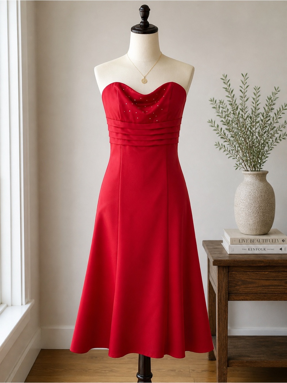 Vintage Jessica McClintock Gunne Sax Red Strapless Dress Rhinestone Formal USA 9